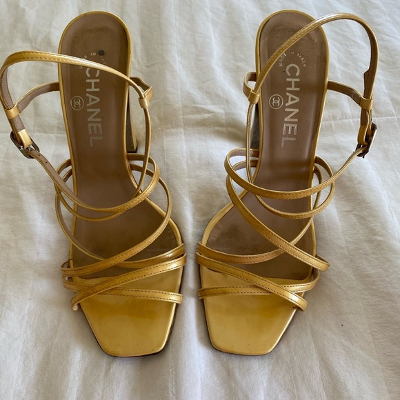 Authentic Chanel Gold Strappy Block Heel Sandals – Size 39.5 - Picture 14 of 16